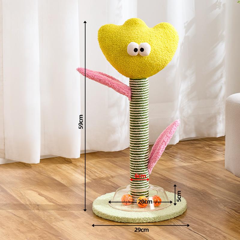 Yellow cat scratcher post with dimensions on a wooden floor