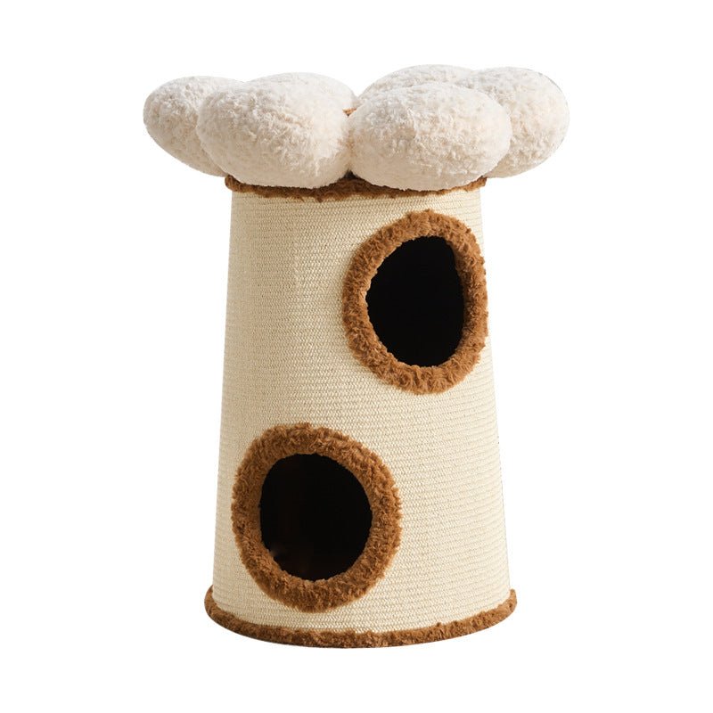 A flower cat tower with a cream-colored textured body, two circular cat holes with brown trim, and a fluffy cream cloud-shaped roof, shown on a plain white background.