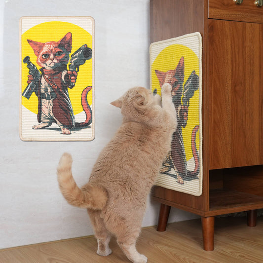 A beige cat scratching a yellow sisal scratcher mat with a cartoon image of a cat on it, placed against a wooden furniture.