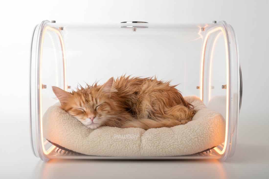A cat that has just had a bath is lying comfortably inside the drying cabinet