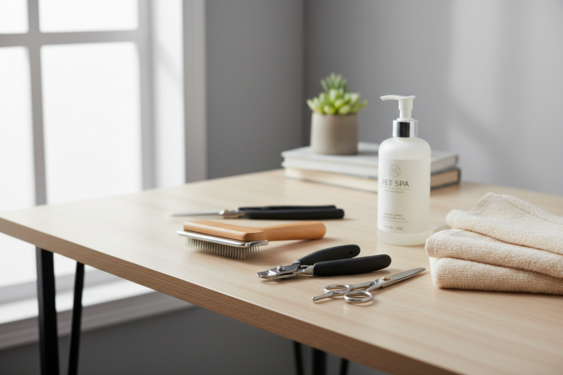 On a natural wood-colored tabletop lie four pet grooming tools, a bottle of grooming solution, and a towel.
