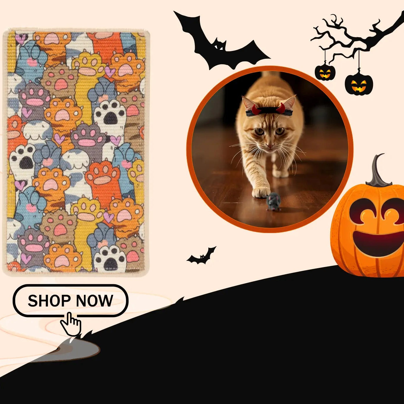 Promotional banner for a spooky season special offer on a sisal cat scratch mat with Halloween-themed design.