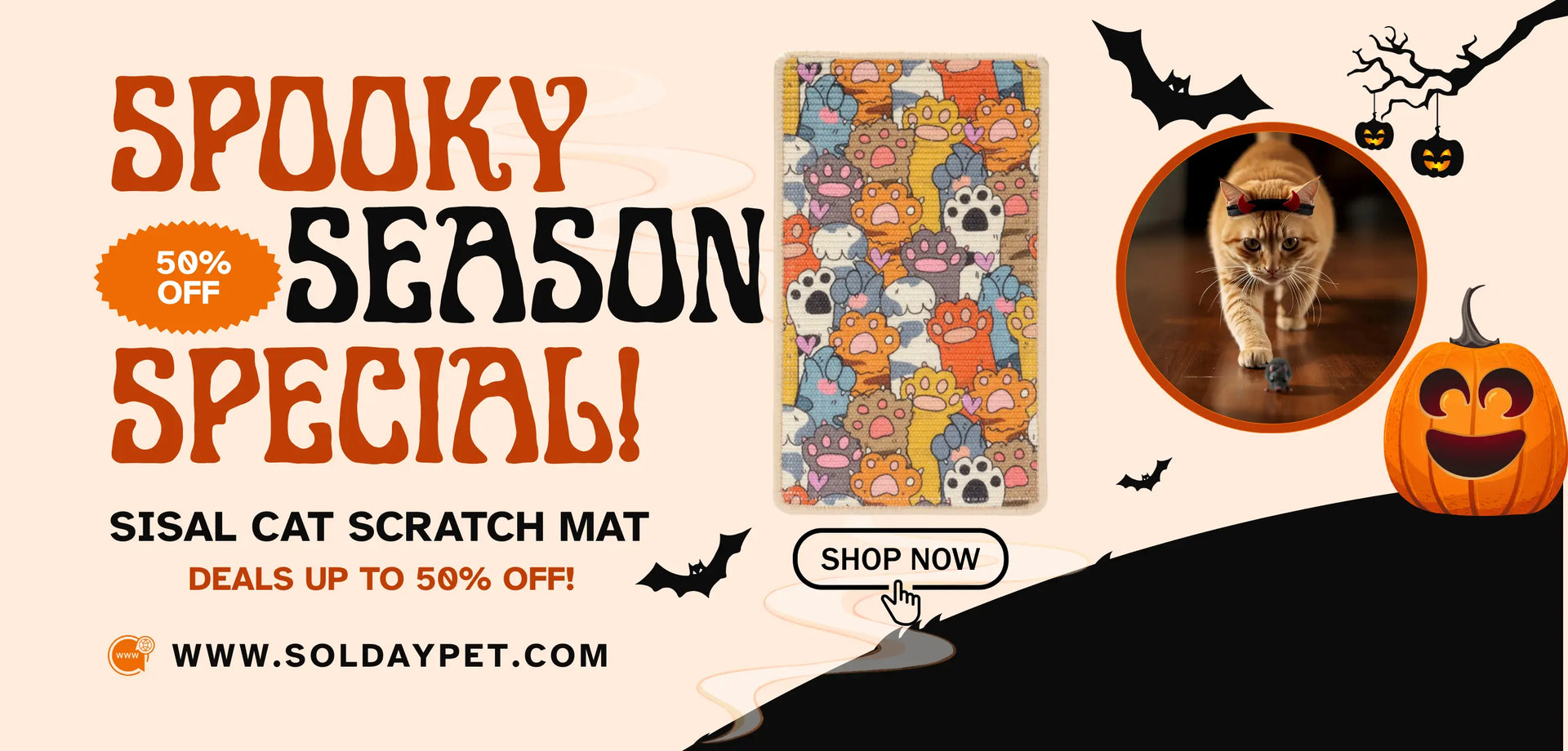 Promotional banner for a spooky season special offer on a sisal cat scratch mat with Halloween-themed design.
