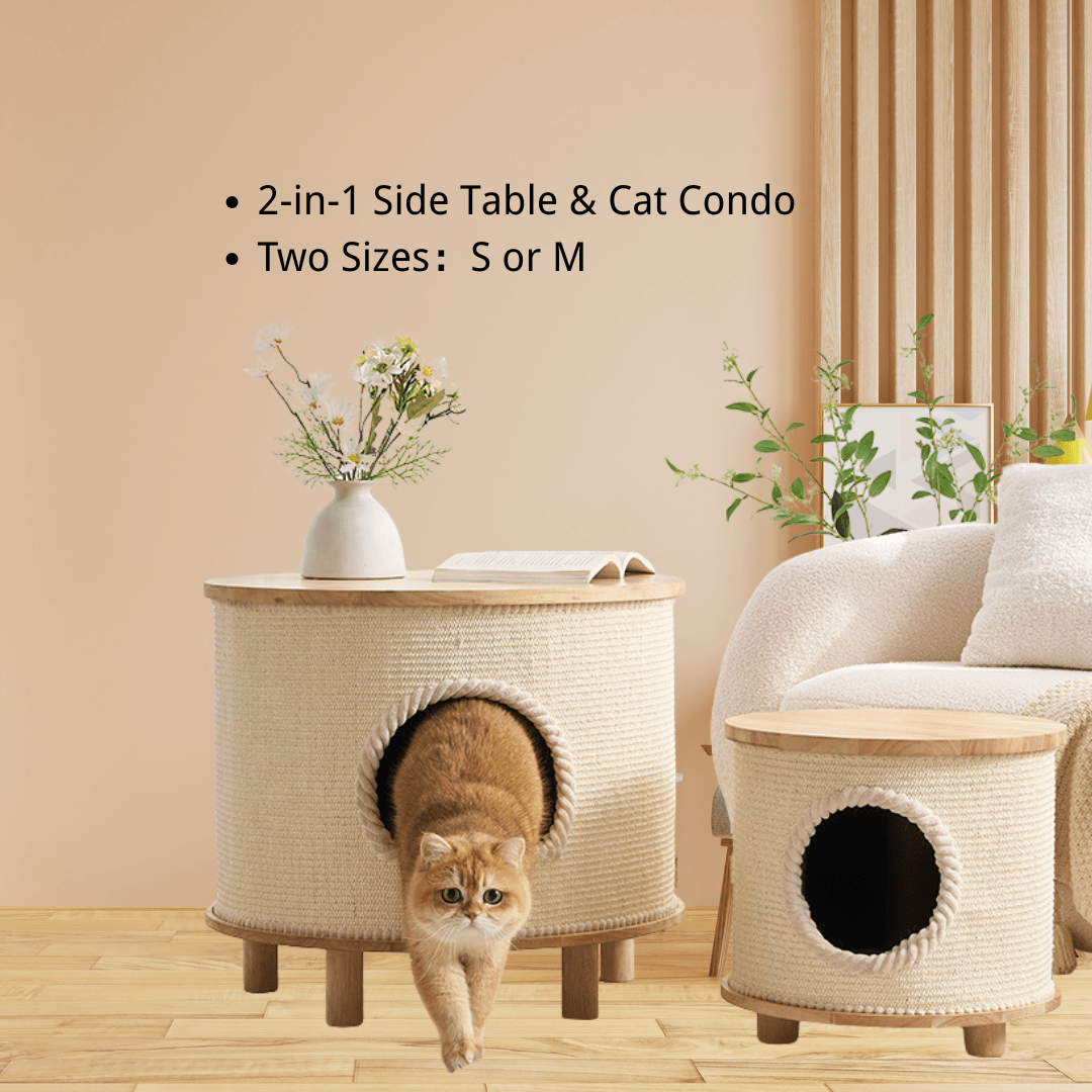 A cat walks out of a round beige sisal cat condo with a wooden top table, shown in a styled room setting next to a matching smaller cat condo and a white armchair. Text on the image reads '2-in-1 Side Table & Cat Condo' and 'Two Sizes: S or M'.