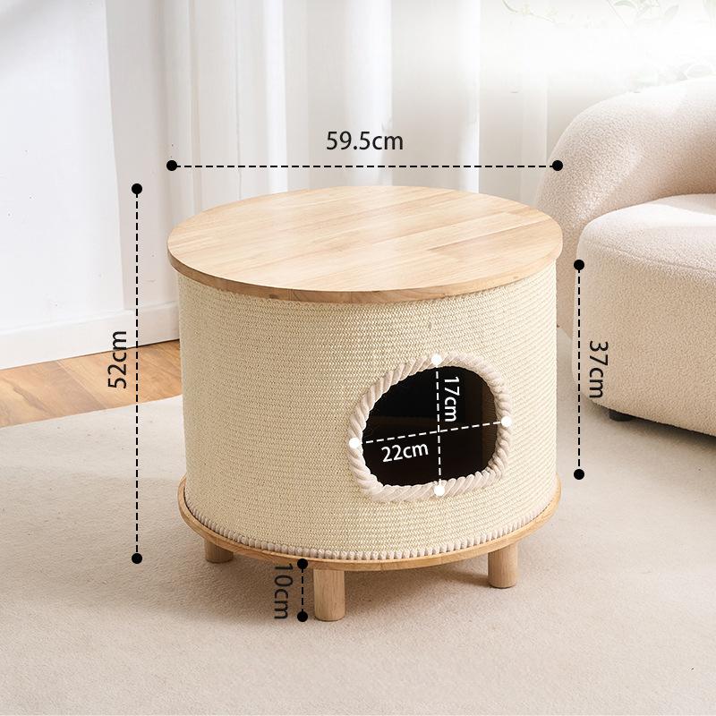 A cylindrical cat house with a light wood top and legs, wrapped in beige sisal rope, featuring a circular opening with a white ruffled trim. White dimension lines and text overlays show measurements of 59.