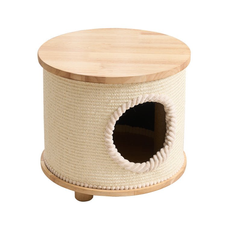 A cylindrical cat tree or living room side table with a light natural wood top and base, wrapped in beige rope on the sides, and a circular opening with a rope trim on the front, shown on a white background.