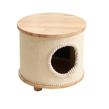 A cylindrical cat tree or living room side table with a light natural wood top and base, wrapped in beige rope on the sides, and a circular opening with a rope trim on the front, shown on a white background.