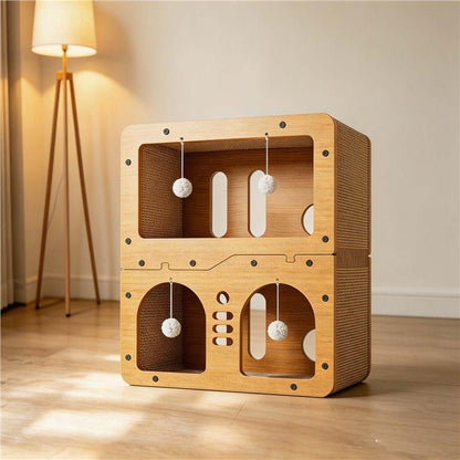 A wooden cat playhouse with two stacked levels, featuring cardboard scratching panels, laser-cut openings, and three hanging white ball toys, set in a warm, modern room with a floor lamp.