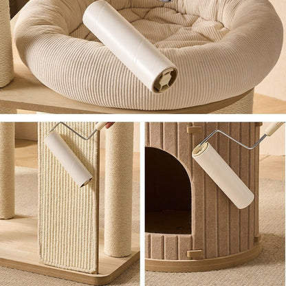 A three-panel collage showing a beige cat climbing tree being rolled up. The top panel shows a large off-white protective covering partially unrolled over the ribbed cushion.