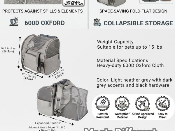 Expandable Cat Carrier Backpack for Pets Up to 15lbs