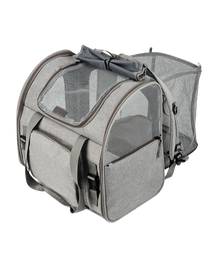 A gray mesh and fabric small pet carrier bag with clear plastic window panels and a top handle, shown on a plain white background.