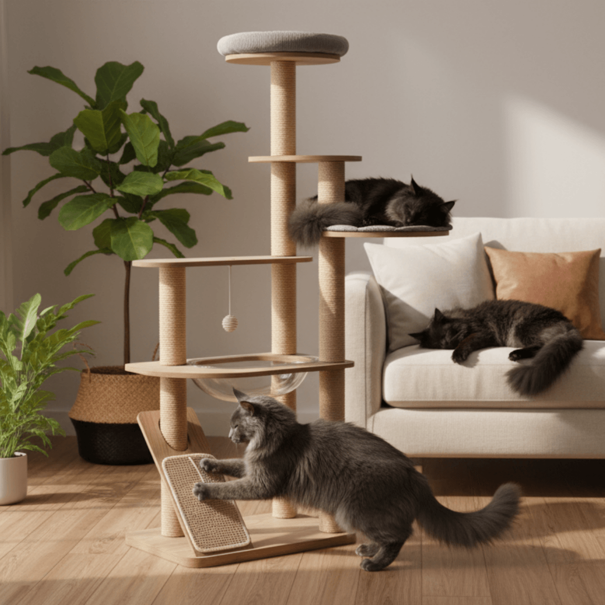 Warm, cozy lifestyle photo of a 3 levels grey cat tree in a stylish home interior. 2 black maine coon cats are sleeping in the two cat beds on the cat tree, while a grey maine coon cat below is playing with the scratch mat