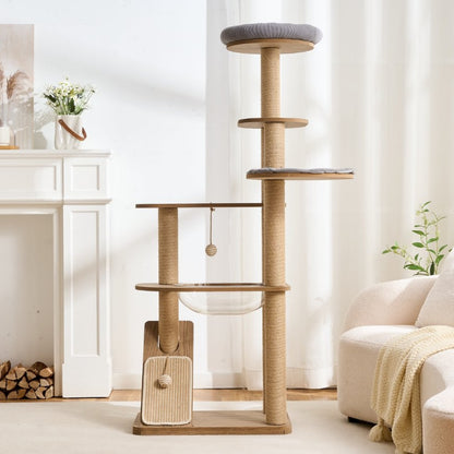 Large wooden cat tree with multiple levels and 3 perches in a living room setting.
