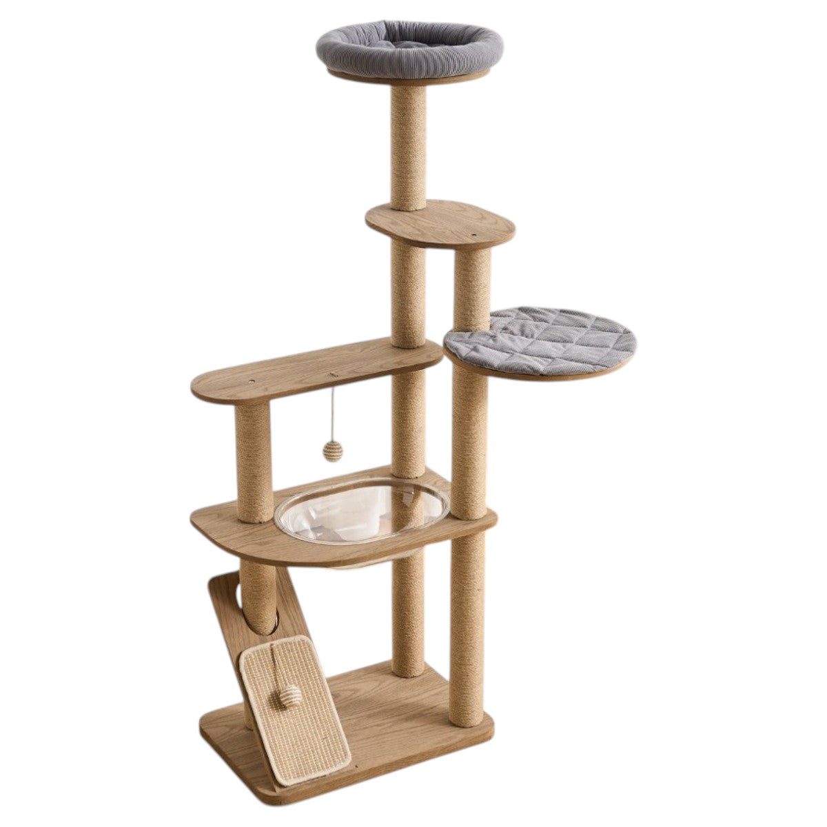 Cat tree with multiple platforms and a hanging toy on a white background