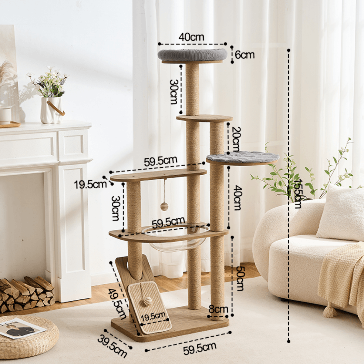 Cat tree with dimensions in a living room setting