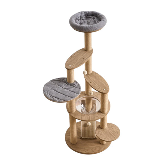 Large cat tree with multiple platforms and 3 perches on a white background