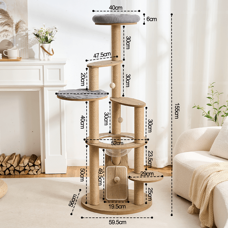 Wooden cat tree with dimensions in a living room setting
