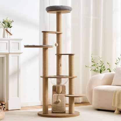 Large cat scratching tree with multiple levels in a white living room setting