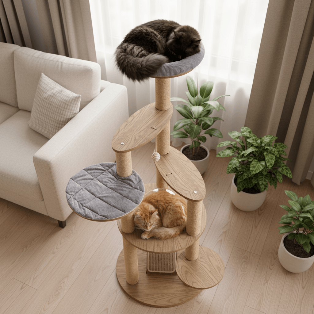 Cat tree with two sleeping maine coons on it in a living room setting