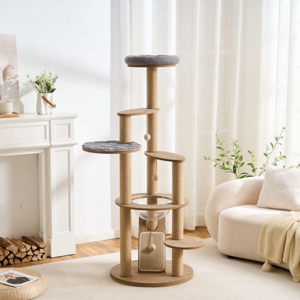 Large wooden cat tree in a living room with a couch and fireplace