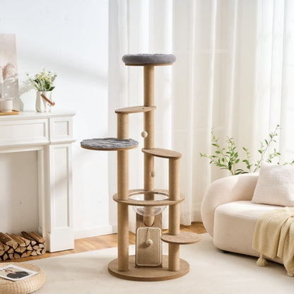 Large wooden cat tree in a living room with a couch and fireplace