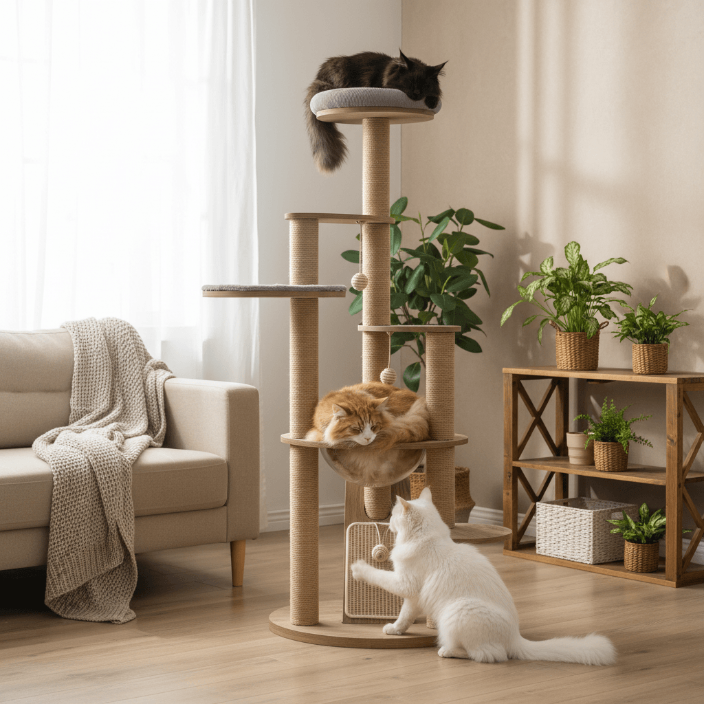 Three cats on a multi-level, large cat tree in a living room with a couch and plants.