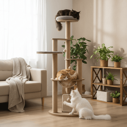 Three cats on a multi-level, large cat tree in a living room with a couch and plants.