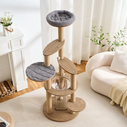 Wooden cat tree with gray cat mattress in a living room setting