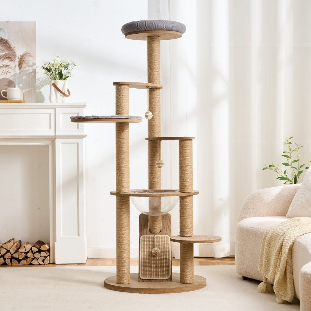 Wooden cat tree with multiple levels in a living room setting.