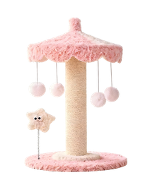 A pink and beige cat tree with a carousel-style top, hanging pom-poms, a star-shaped toy, and a round plush base, shown on a plain white background.