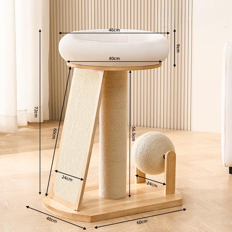 Wooden cat tree with dimensions labeled on a wooden floor.