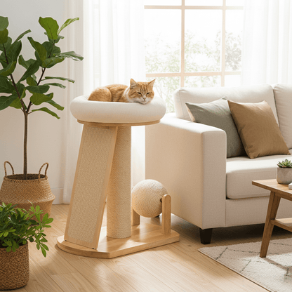 Cat resting on a wooden cat tree in a cozy living room with a couch and plants.
