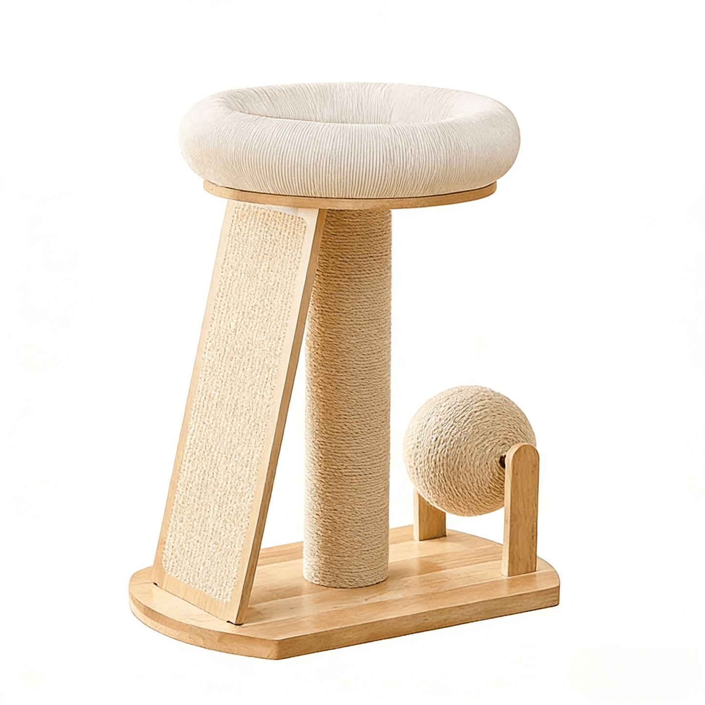 A solid wood small cat tree​ with a scratching post, platform, and ball on a white background