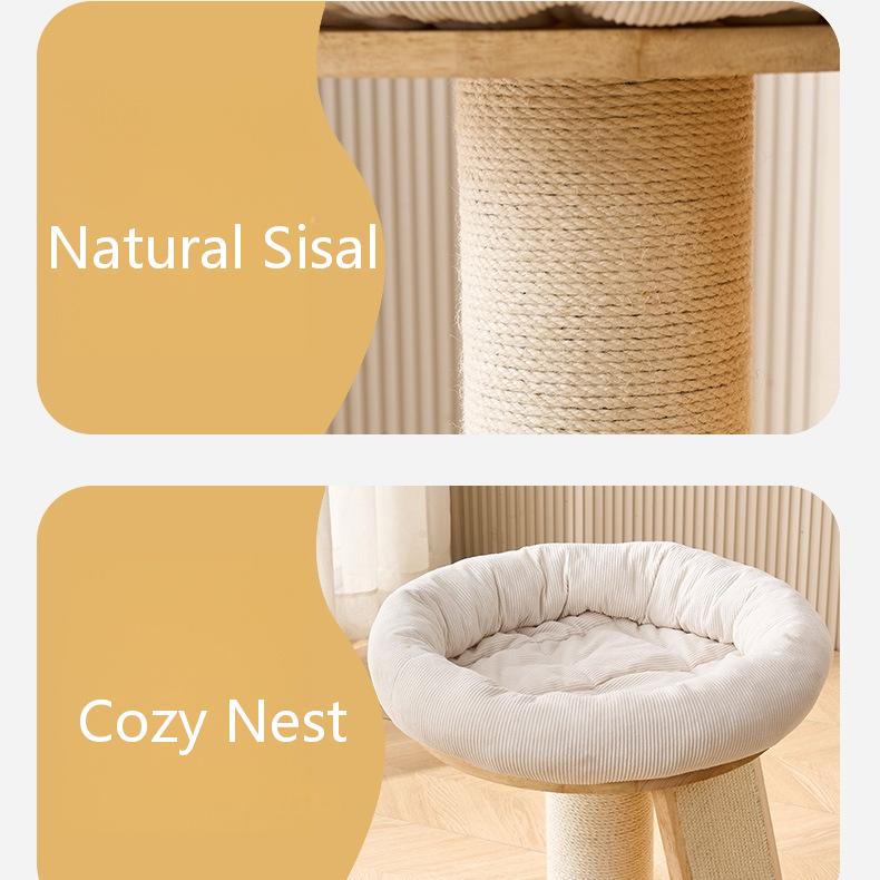 Cat tree with natural sisal post and cozy nest on a light background