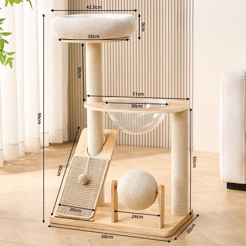 Cat tree with dimensions labeled on a wooden floor.