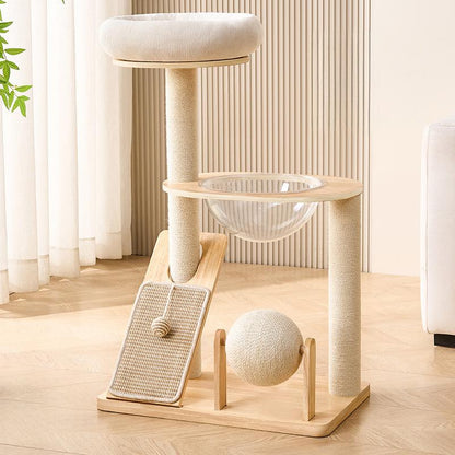 A white cat tree with various platforms and a ball on a wooden floor.