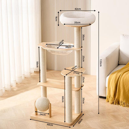 Cat tree with dimensions labeled in a room setting