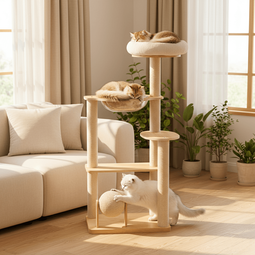 Two golden Chinchilla cats are sleeping in the two cat beds on the cat tree, while a white Chinchilla cat below is playing with a white sisal ball