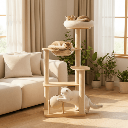 Two golden Chinchilla cats are sleeping in the two cat beds on the cat tree, while a white Chinchilla cat below is playing with a white sisal ball