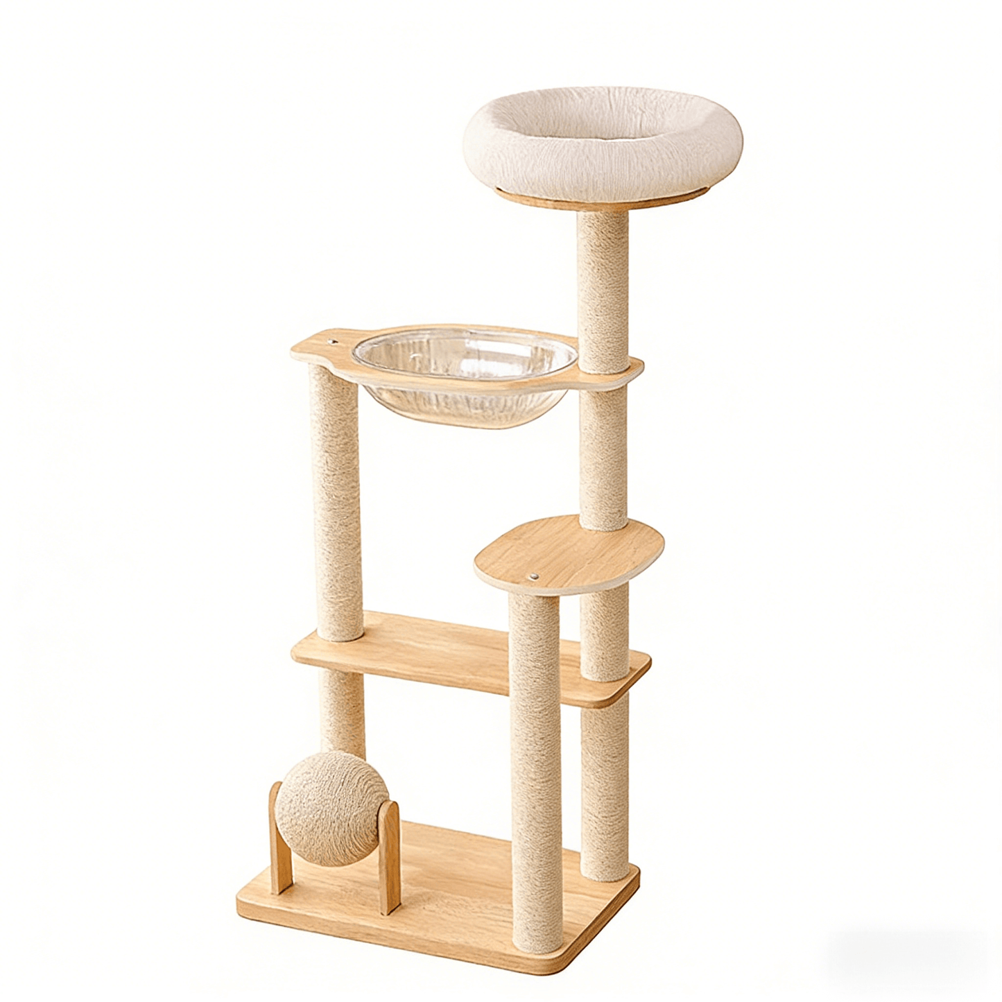 Cat tree with multiple levels, platforms, and a ball on a white background