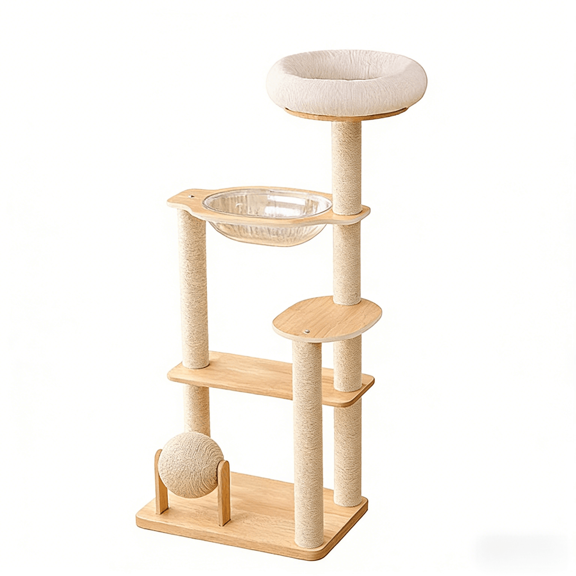 Cat tree with multiple levels, platforms, and a ball on a white background