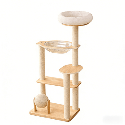 Cat tree with multiple levels, platforms, and a ball on a white background