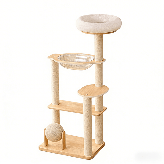 Cat tree with multiple levels, platforms, and a ball on a white background