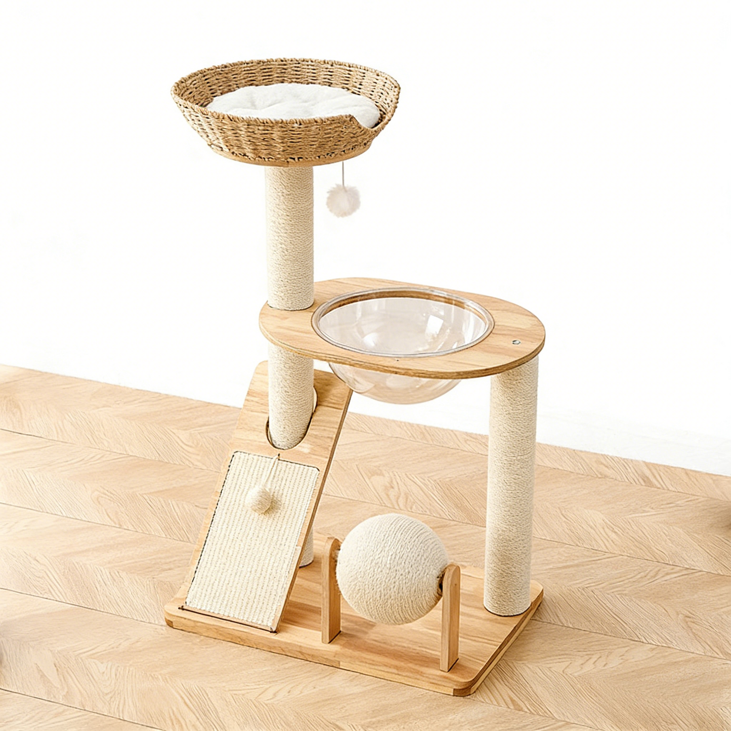 A natural wood cat tower​ with a small basket and a ball on a wooden floor.