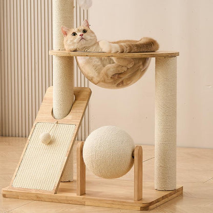 Cat lounging on a wooden cat tree with scratching posts and a ball.