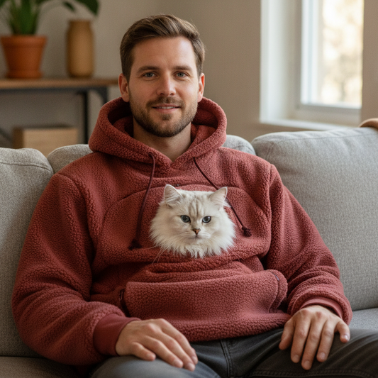 A male model is wearing a red hoodie with a cat carrier pocket, from which a Maine Coon cat is peeking out, and they are sitting comfortably on a gray sofa.