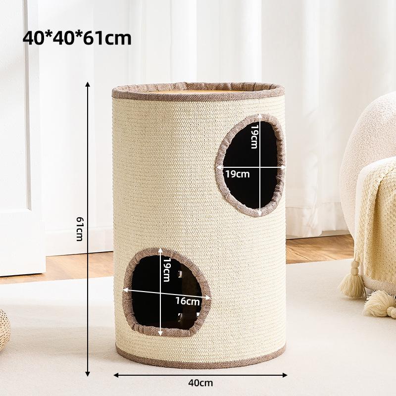 A cylindrical cat condo or litter box in a woven beige material with two black circular openings, shown in a softly styled indoor room. White measurement lines and text indicate dimensions: 40*40*61cm overall, with opening dimensions labeled 61cm, 19cm, 16cm, and 13cm.