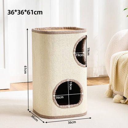 A large cat tower with two nesting holes, shown in a bright indoor room with overlaid dimension labels and arrows indicating measurements of 36cm, 36cm, 61cm, 19cm, 18cm, 19cm.