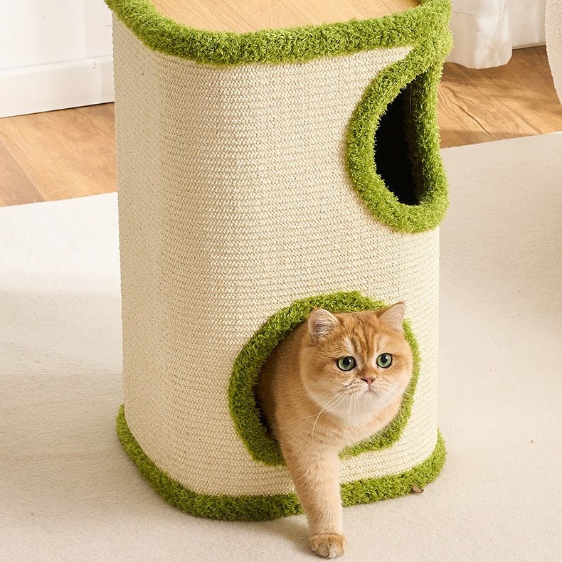 A golden cat stands in the front opening of a cylindrical cat tower with a cream woven body and bright green trim, photographed indoors on a light rug with wood flooring in the background.
