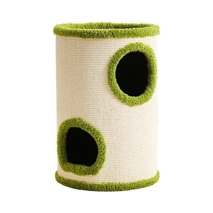 A cylindrical cat condo of natural sisal rope with bright green grass-textured trim, featuring two circular openings with dark interiors, shown on a plain white background.